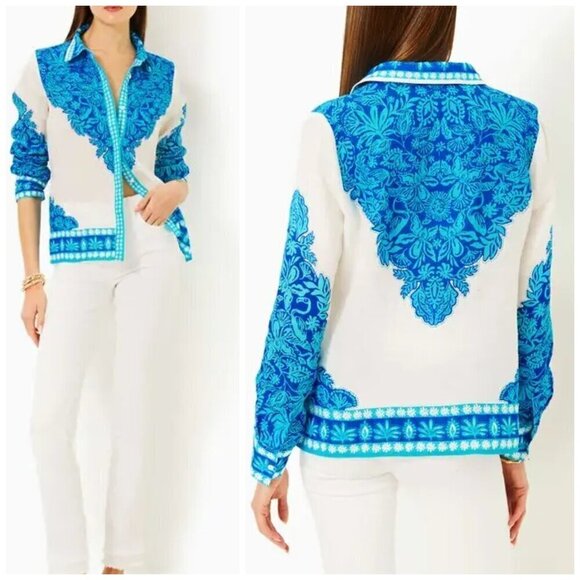 Lilly Pulitzer Tops - Lilly Pulitzer Breeze Aqua Jungle Escape Engineered Woven Kiran Button Down Top